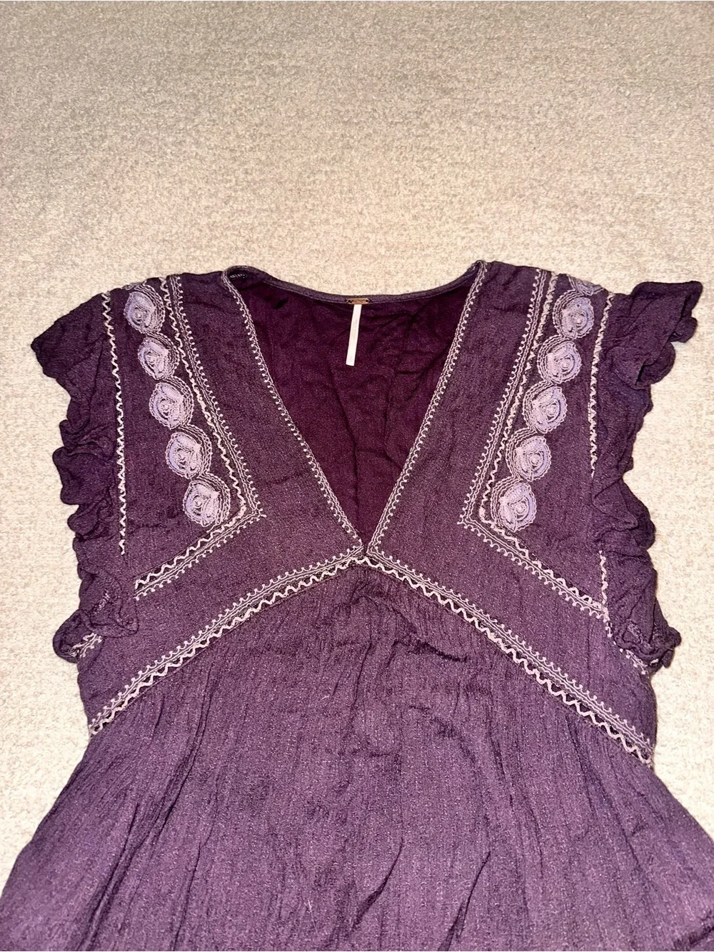 Free People Plum Boho V-Neck Embroidered Flutter Sleeve Tunic